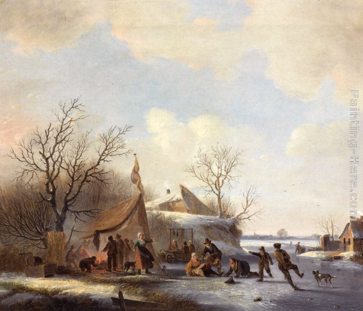 Figures on the Ice painting - Jacobus Van Der Stok Figures on the Ice art painting
